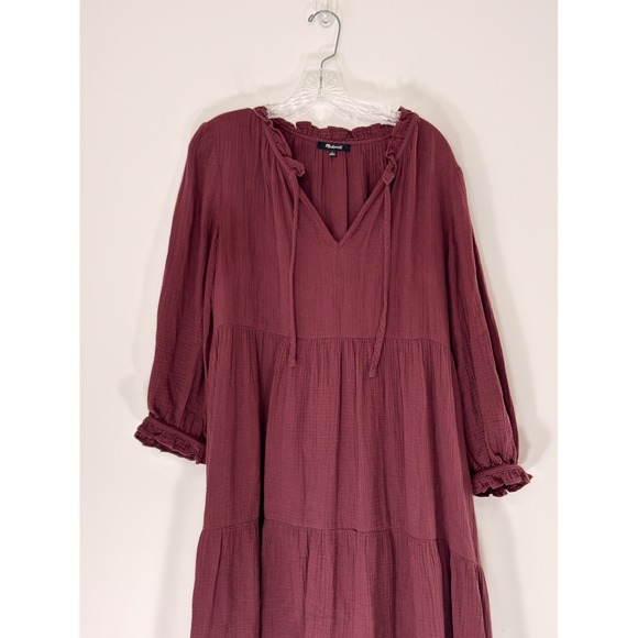 Madewell Lightspun Tie-Neck Tiered Midi Dress Brown Cottagecore Gauze Large - Picture 6 of 14